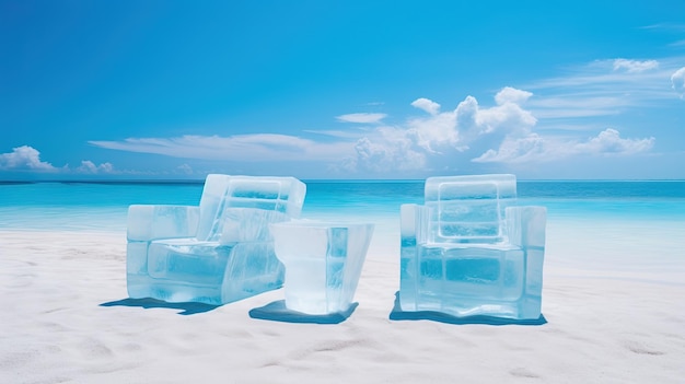 Een paar ijsbankstoelen op het strand verfrissend concept Vakantie op de warme kust met koude stoelen