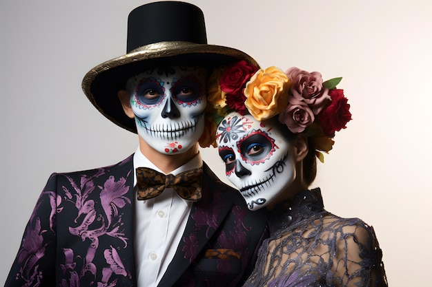 Een paar in griezelige Day of the Dead-kleding die de tradities van het festival eren met levendige make-up