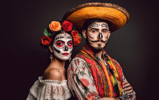 Een paar in Mexicaanse kostuums met bloemen op hun gezicht in Cinco de mayo