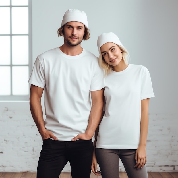 Een paar in witte t-shirt mockup met kleurrijke achtergrondstudiofotografie