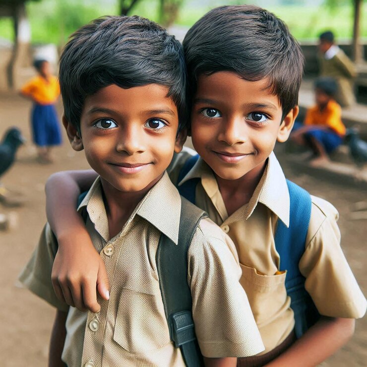 Een paar Indiase landelijke kleine jongens in bruine uniformen.