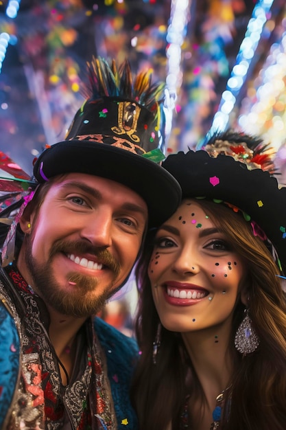 Foto een paar jonge mensen die glimlachen en gelukkig selfies maken verloofde paren vieren en nemen foto's omringd door confetti feest en evenement conceptxa