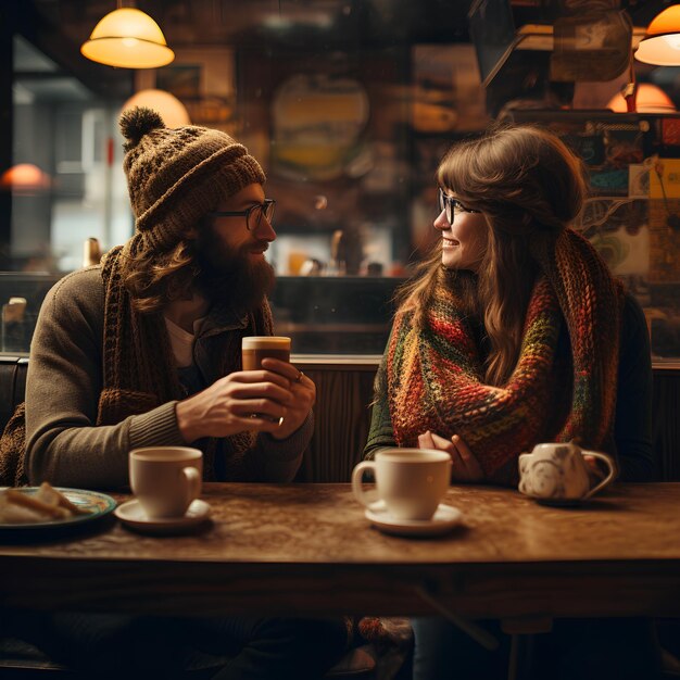 Foto een paar kennissen drinken koffie en praten