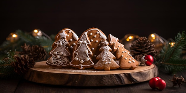 Een paar kerstpeperkoekkoekjes in de vorm van een kerstboom versierd met witte room op de houten plaat