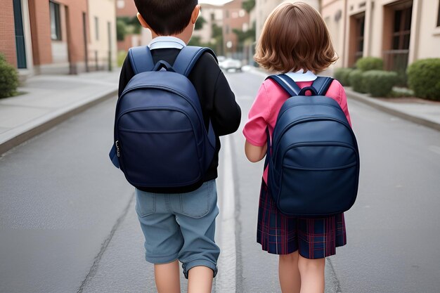Foto een paar kinderen met een rugzak die van achteren naar school gaan