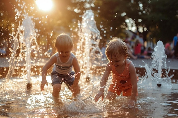 Een paar kinderen spelen in een fontein