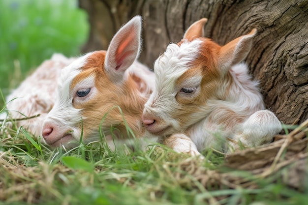 Een paar kleine geiten die in het gras slapen, hun poten ineengestrengeld gemaakt met generatieve AI