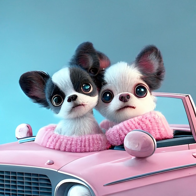 Een paar kleine honden die bovenop een roze auto generatieve ai zitten