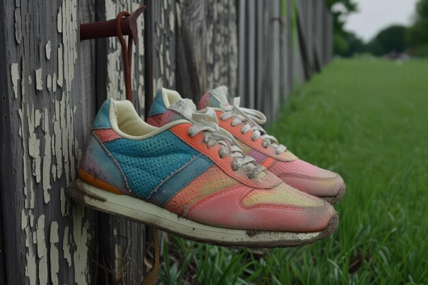 Een paar kleurrijke sneakers hangen op een roestige spijker in een houten hek