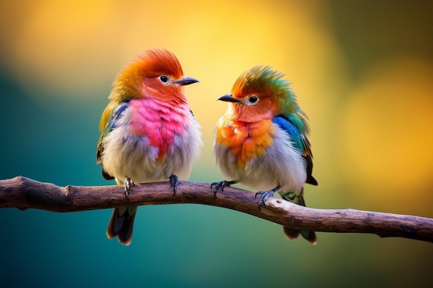 Een paar kleurrijke vogels zitten samen op een tak bij zonsondergang