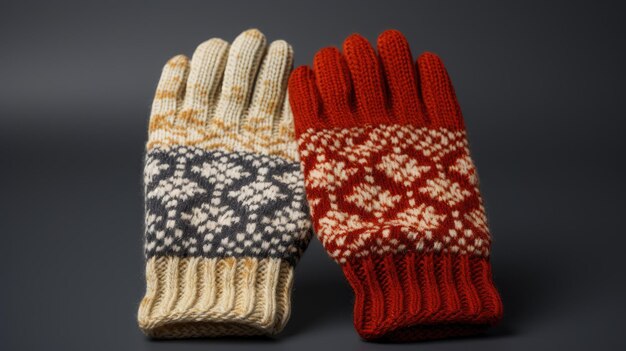 Een paar knusse gebreide handschoenen met op de herfst geïnspireerde patronen