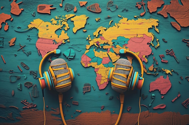 Een paar koptelefoon rust op een gedetailleerde wereldkaart die de kruising van muziek en wereldwijde connectiviteit illustreert Een creatieve afbeelding van het wereldwijde bereik van podcasts AI gegenereerd