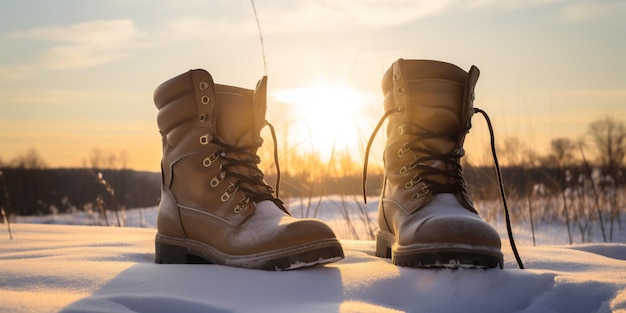 Een paar laarzen in de sneeuw met de zon erachter