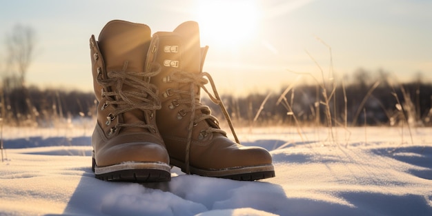 Een paar laarzen in de sneeuw waar de zon op schijnt.