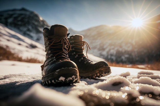 Een paar laarzen in de sneeuw waar de zon op schijnt.