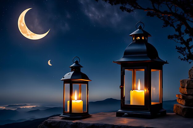 een paar lantaarns met de maan op de achtergrond