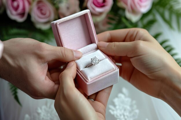 een paar liefde die een man een diamanten ring in een luxe doos geeft aan een vrouw op generatieve leeftijd