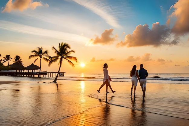 Een paar loopt op een strand bij zonsondergang met palmbomen op de achtergrond.