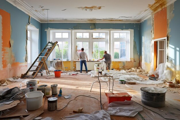 Een paar mannen werken in een kamer in aanbouw