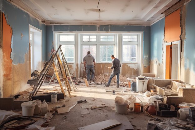 Een paar mannen werken in een kamer in aanbouw