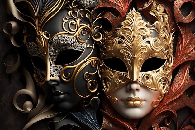 Een paar maskers met gouden en rode kleuren