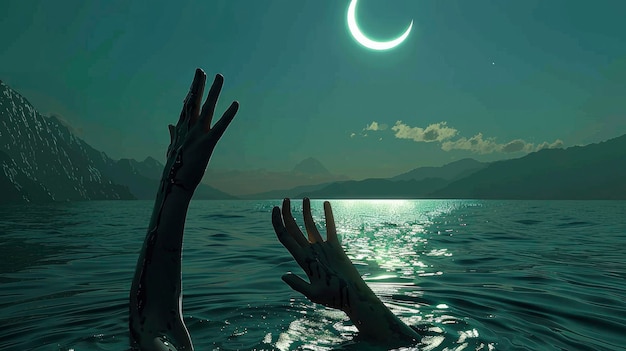 Foto een paar menselijke handen die uit het water komen en naar de hemel reiken.