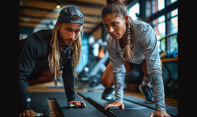 Foto een paar mensen met een laptop in een sportschool