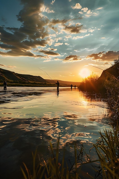 een paar mensen vissen op een rivier bij zonsondergang