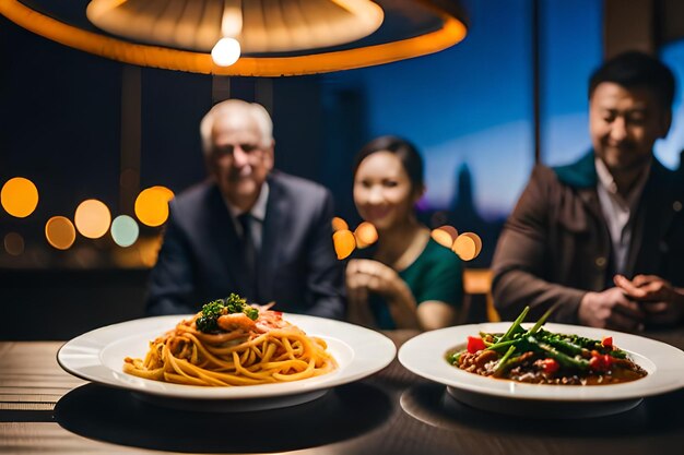 een paar mensen zitten aan een tafel met borden met eten en borden met voedsel