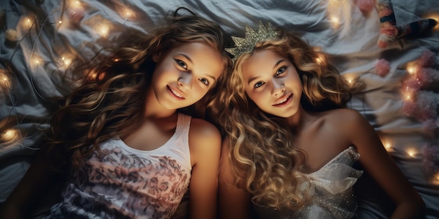 Foto een paar mooie tienervrouwen in bed.