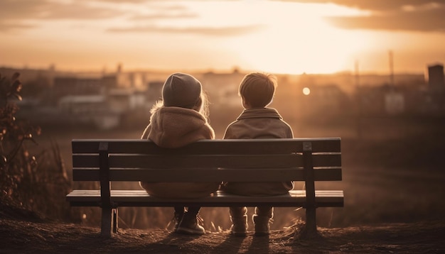 Een paar omhelst elkaar bij zonsondergang en geniet van de rustige scène van de natuur gegenereerd door AI