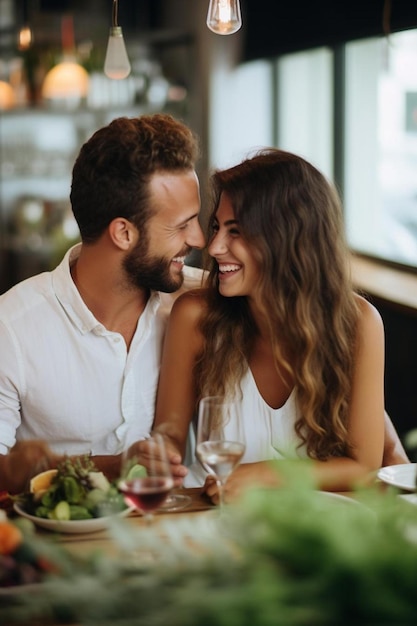 een paar op een date in een wijnbar die samen lachen