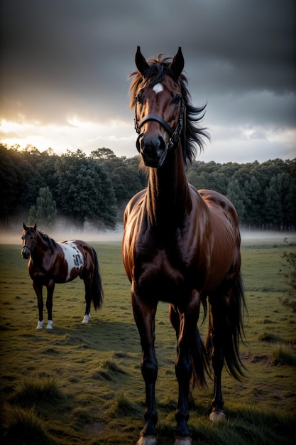 Een paar paarden staan op een weelderig groen veld.