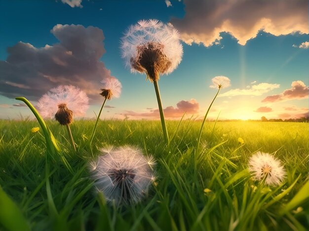 Foto een paar paardenbloemen op groen gras.