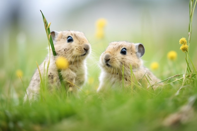 Een paar pikas in het gras. Een oproep.