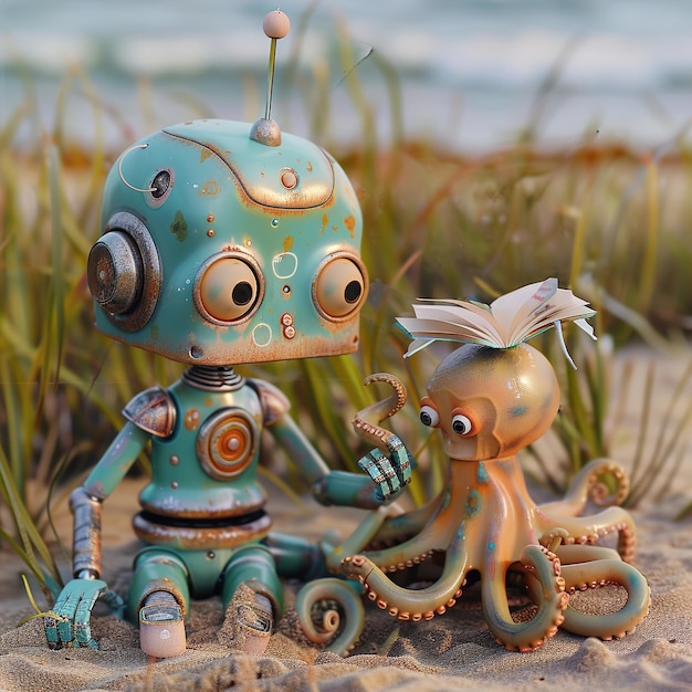 Een paar robotfiguren zitten in het zand.