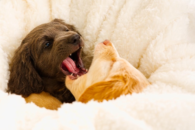 Een paar schattige puppy's spelen met elkaar Hovawart-ras schattige en grappige jonge puppy