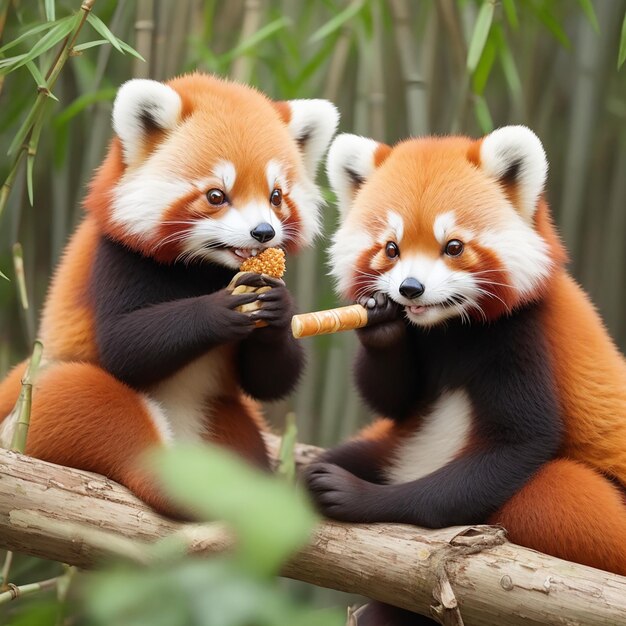 Een paar schattige rode panda's die een bamboesnack delen