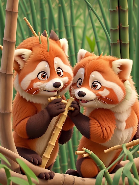 Een paar schattige rode panda's die een bamboesnack delen
