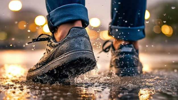 Een paar schoenen die zelfverzekerd door een serene plas lopen en speelse spetters de lucht in sturen