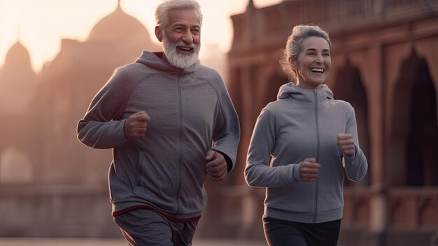 Een paar senioren rennen Gelukkig paar senioren joggen in de ochtend Generatieve Ai