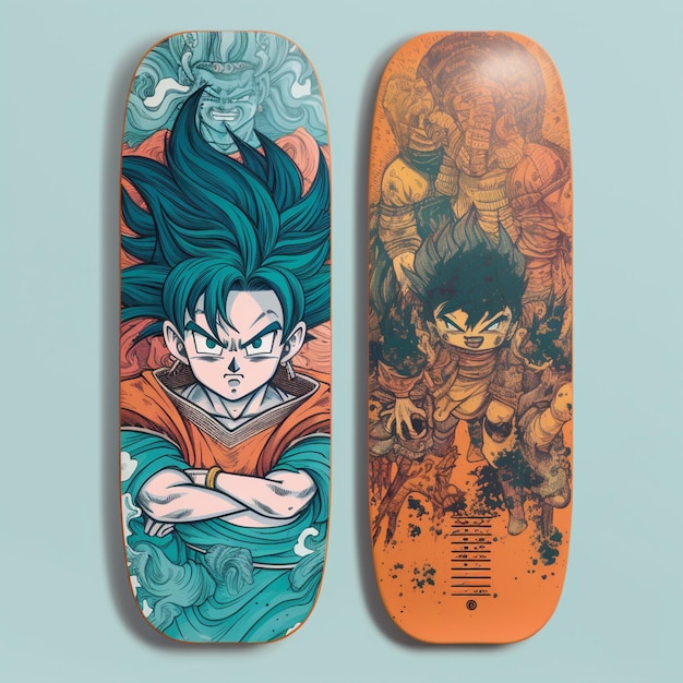 Een paar skateboards met de woorden dragon ball erop.