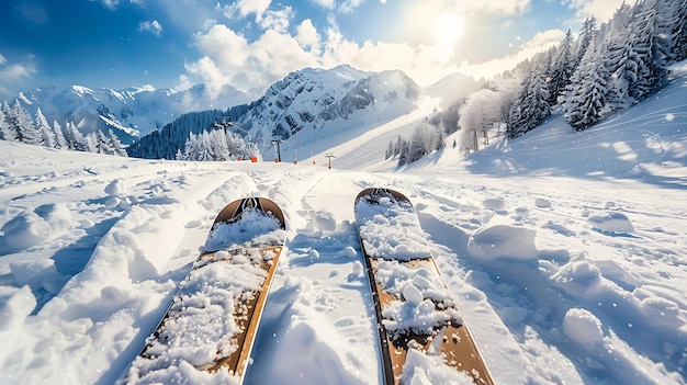 Foto een paar ski's in de sneeuw een paar in de sneeuw