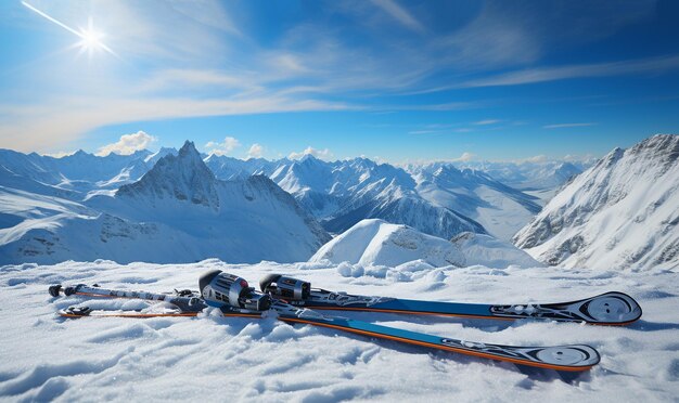 Een paar ski's in de sneeuw met kopie ruimte ski's staan in de sneer met winter bergen op de achtergrond