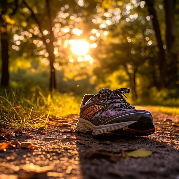 een paar sneakers met de zon die door de bomen schijnt.