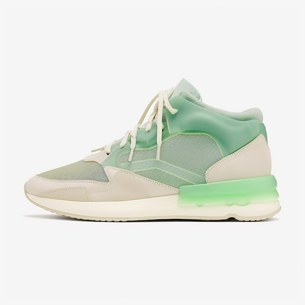 een paar sneakers met groene en witte zolen.