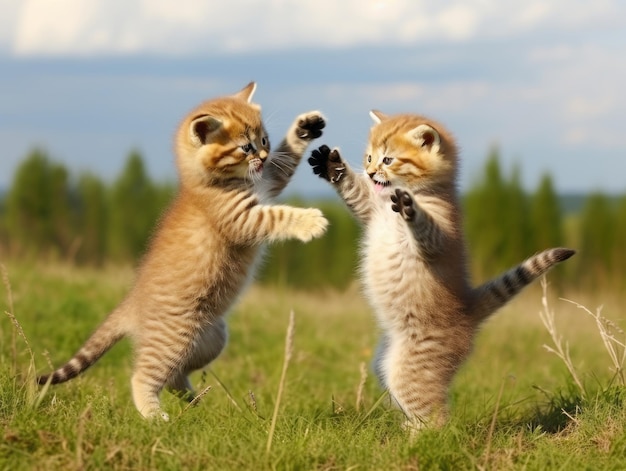 Foto een paar speelse kittens die een vriendschappelijke worsteling spelen