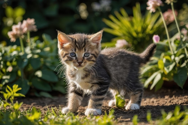 Een paar speelse kittens die in de tuin spelen