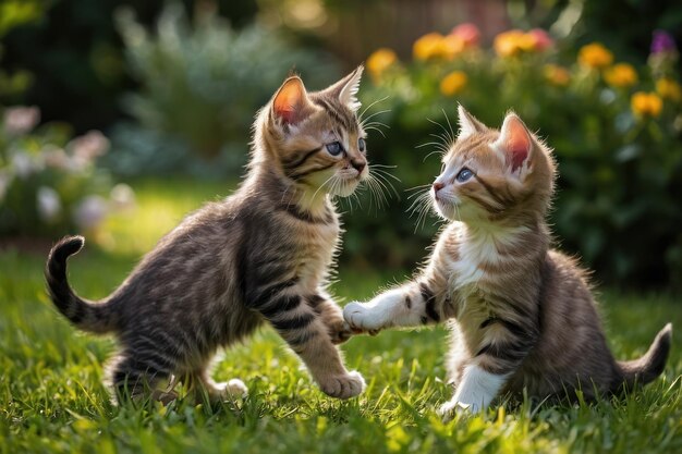 Een paar speelse kittens die in de tuin spelen