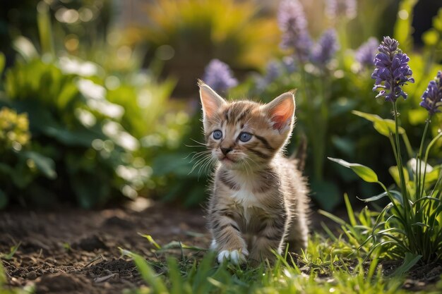 Een paar speelse kittens die in de tuin spelen